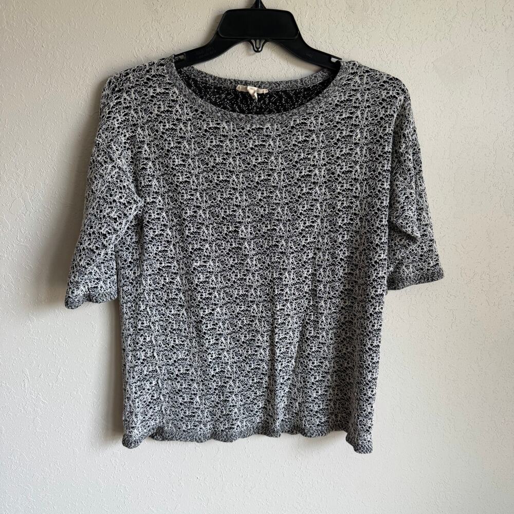 Eileen Fisher Black White Textured Organic Linen Short Sleeve Blouse Womens M